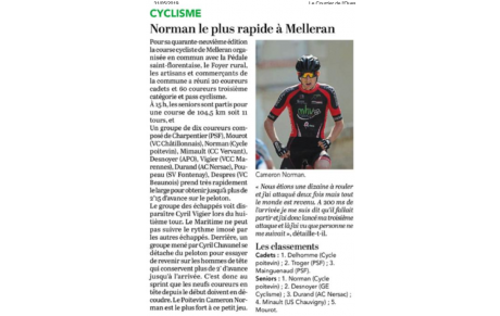 Article du Courrier de l' Ouest sur la course de MELLERAN le 31/05/19