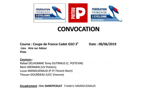 L'équipe du Team Poitou Cadets pour la Coupe de France GSO à AIRE SUR ADOUR le 08/05/19