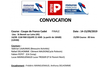 La sélection du Team POITOU CADETS pour la finale de la Coupe de France GSO à SAINT BENOIT SUR LOIRE (45) le 14/09/19 et 15/09/19.